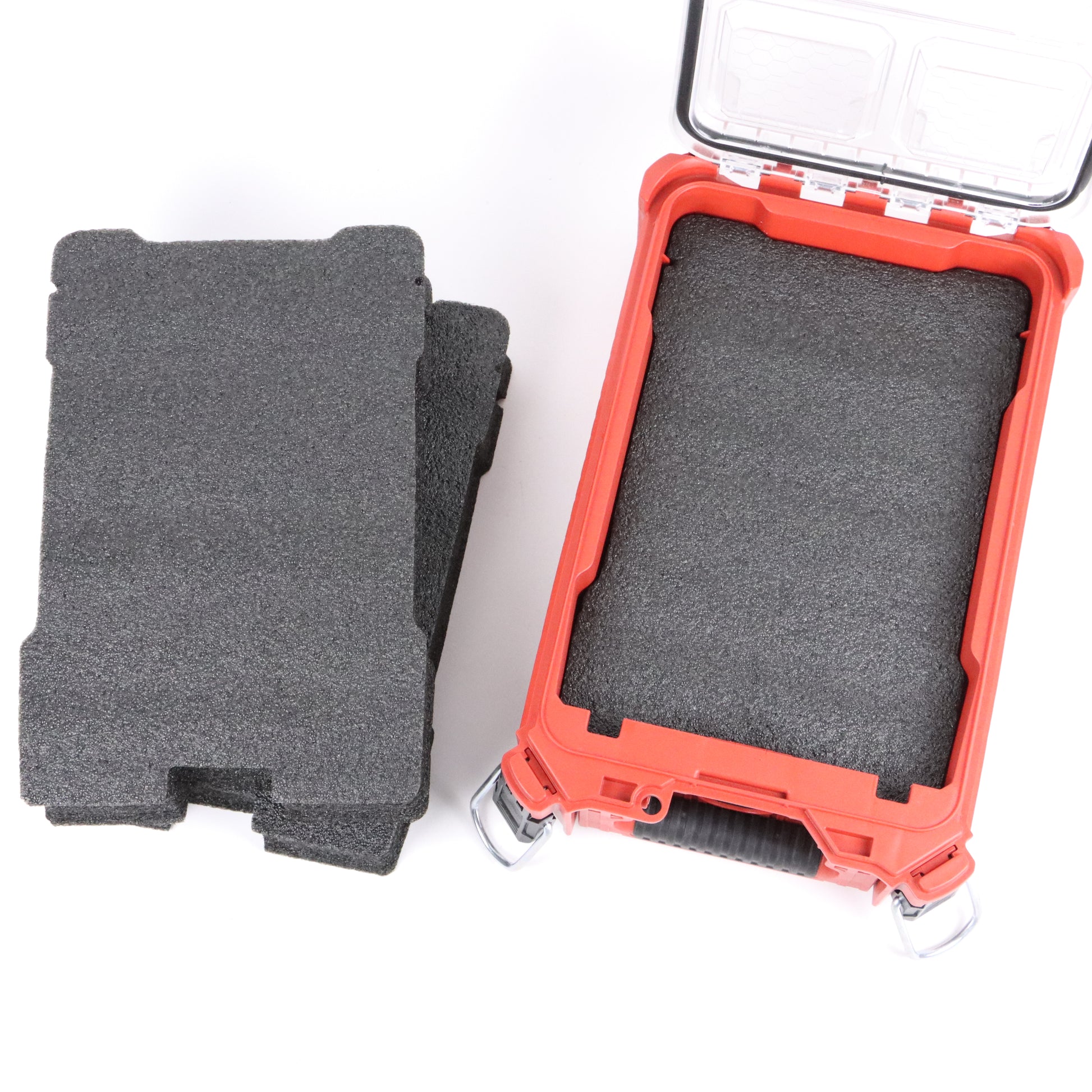 Black EPE foam blank beside an open compact tool organizer case